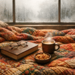 Cinematic zoom-out: cozy Shonku book, tea, and foggy winter window.