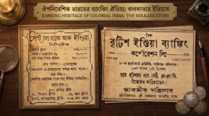 A collage of historic Bengali newspaper advertisements for Central Bank of India and British India Banking Corporation arranged on a wooden table alongside vintage coins, a magnifying glass, and a fountain pen.