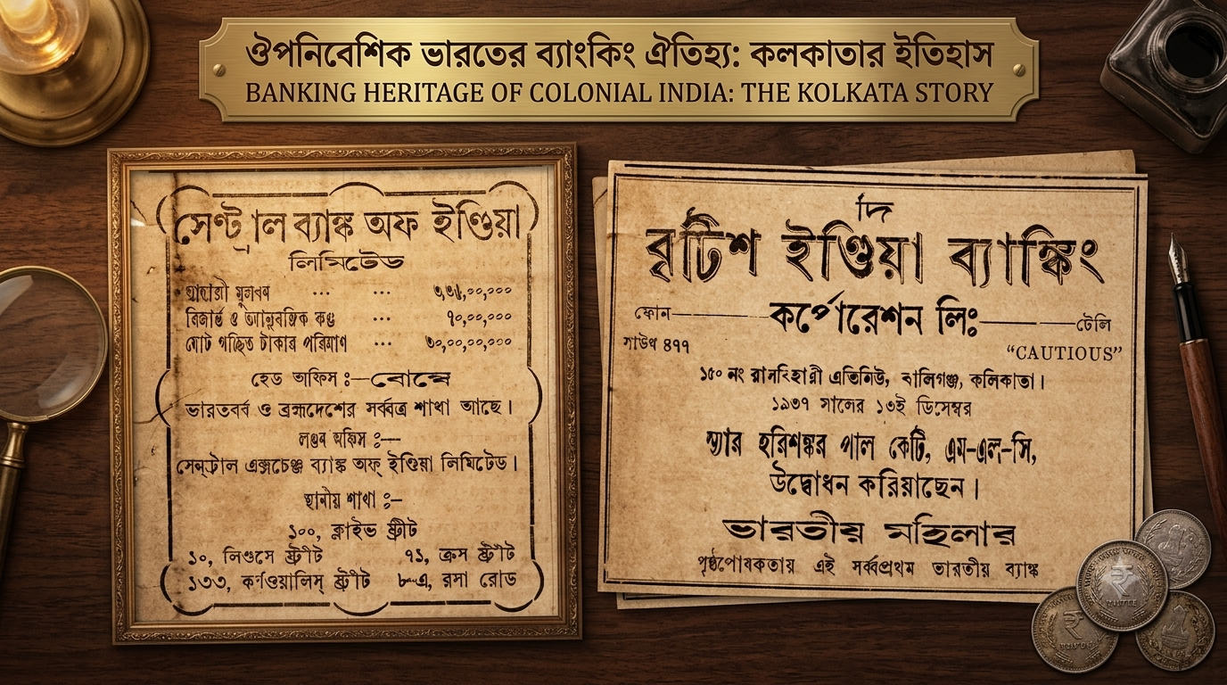 A collage of historic Bengali newspaper advertisements for Central Bank of India and British India Banking Corporation arranged on a wooden table alongside vintage coins, a magnifying glass, and a fountain pen.